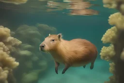 Capybara swimming next to coral in the ocean