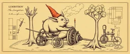medieval clerical drawing ,put a tree crying oink the picture ok? we see a pig in action chopping down trees with the lumbotron, isometric blueprint of hi tech metal gear Gnome invention, winning prize at gnome convention, The Lumb-O-Tron A jury-rigged combination of a cart, pulley system, and an axe designed to chop down trees. The motion is powered by {a yoga pig in a wheel treadmill spurred by a carrot on a stick | a crude stationary bicycle | a tiny steam engine heated by a red pseudodragon