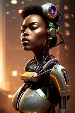 portrait,beautiful african robot, post-apocalyptic in a cyberpunk city, realistic, intriacte detail, sci-fi fantasy style, volumetric lighting, particales,highly detailed,cinamatic, deep colours,8k