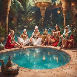 there elves in a harem smoking hookah in a pool