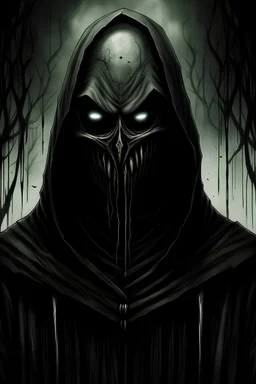 blkmndy, Creepy hooded man without a face. Concept art in the style of enki bilal giger beksinski, slender man ghost face michael myers pin head