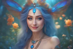 Very beautiful smiling middle east woman, (full body), glitter blue fairy, in cosmic galactic ambiance, very long blue hair, very big transparent opal wings, blue eyes, beautiful jewellry with crystals, magical forest with bright flowers, soft light atmosphere, light effect，vaporwave colorful, concept art, smooth, extremely sharp detail, finely tuned detail, perfect blue eyes, round pupil, cinematic smooth, intricate detail, futuristic style ultra high definition, 8 k, unreal engine 5, ultra sha