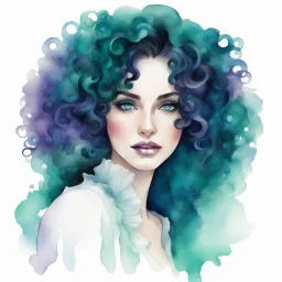 Create a captivating portrait of a beautiful woman with green eyes, curly black hair with purple, teal and turquoise highlights and long eyelashes. With a white ruffled blouse, uncropped head and against a white background, watercolor illustration