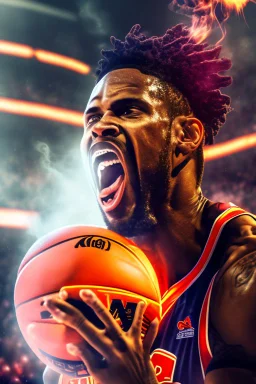 8k, highly realistic and detailed image of a NBA basketball player in action dunking the ball in the net, sweaty hair, screaming look,action and smoke and flames background