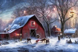 A playful scene of a barn, December, snow, Disney, Pixar, Dreamworks, Behance, Artstation, C4D, fun, cute, colorful