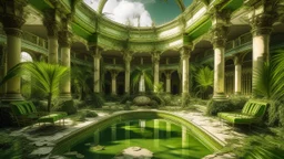Empty swimming pool in an abandoned hotel, dry leaves piled up at the bottom, rusty sun loungers, neoclassical columns covered in moss, wild palm trees growing between the broken tiles, sky visible through the cracked glass roof, green and gold tones, dramatic lighting