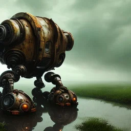 hyperrealistic shot, rusting and moss covered mecha robot, earth color palette, sharp focus, puddle reflection, tire water splash, refraction, rain and lightning on the horizon, shadowcast, detailed and intricate, cinematic composition, tilt shift photography