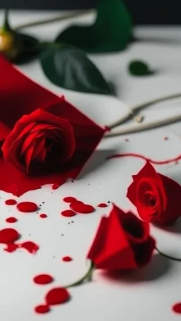 blonde hair strands cuts . white fabric background. measuring tape .drops of blood.red rose. red envlope .cinematic