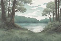Lake, forest, tree, overgrown apocalyptic, comic book, cinematic, far,
