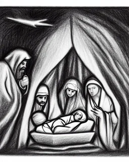 Nativity scene pencil and charcoal