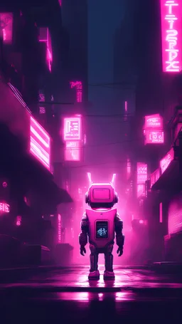 little_boy,Cyberpunk, Street, Meca, Pink, Neon, City, Pink Robot, Dramatic Lights,masterpiece, high quality, 4k