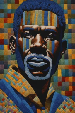 A polychromatic textile portrait, a man with a blue face, quilting, fabrics, by artist "Bisa Butler"