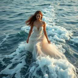 Born of the Ocean walking looking at camera that capture her front in Ocean Where the sea becomes a gown and every wave moves with her. A moment of gown in waves ,