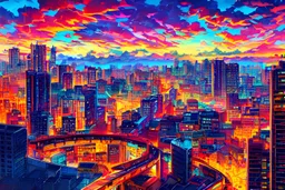 sunset, cat on the roof, city in japan, colorful