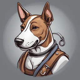 can you please create a brand logo for a dog accessories shop selling on TikTok. logo should include a bull terrier in brindle and white. Bull terrier should look straight to the person looking at the logo, around him some accessories like a leash, collar, dog whistle, dog brush and shopping bag with a paw