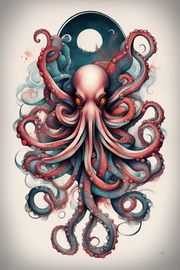 Create a captivating modern 2d colorfull ink tattoo design for print , prestigious (Sacred Octopus) using the elegant influences of japan art style, for print, dynamic elements from fashion and design, and bold Japanese contemporary art aesthetics, framing centered in the center, distanced from the edges of the paper perimeter, perfect anatomy, bauhaus, Divine Proportion,