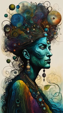 Max Ernst surrealist full body portrait alcohol ink illustration of a female ayahuasca shaman with intricately detailed hair and facial features, traversing the multiverse of transformative and expanded consciousness, , sharply defined and detailed, 4k in dark moody natural colors