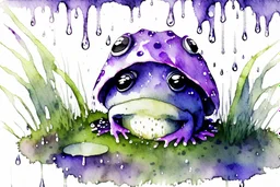 3D close-up of a very cute fluffy plushy chibi plush frog hiding from the rain under a red white spotted mushroom in the forest, puddles in front, grass and violets next to him, 3d effect melting watercolour on wet inked paper, black ink outline in sunshine, ethereal, cinematic postprocessing