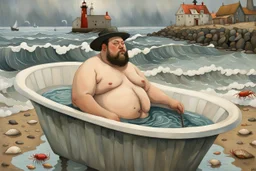 A fat man wearing a hat, is in a bath tub, by a light house, by andrea kowch, holding a umbrella, inspired by andrew wyeth. A rustic harbour, with ships docked is nearby. The Beach is covered with sea shells, crabs and lobsters.There are rain clouds and everything looks as if done in watercolors victo ngai, matisse, monet, catrin welz-stein, vladi