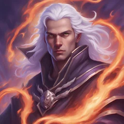 Generate a dungeons and dragons character portrait of a beautiful male warlock aasimar bound to a fiery devil. He has long silver-white hair. He has purple eyes. He has a youthful and rounder face. He is on a battlefield lit by flames.