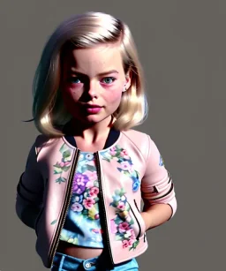 Margot Robbie toddler, full body, sneaker, leather jacket, floral shirt, soft skin, dramatic lighting, hyper realistic