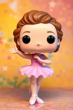 Funko Pop, very young female, medium soft curly soft brown hair, pink ballerina dress, dance pose, smiling, very happy, colorful background, allowing visibility of the figure, typography, 3D render.