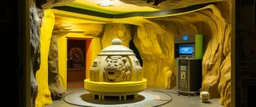 A yellow cave with a round electrical yeti painted by Frank Lloyd Wright