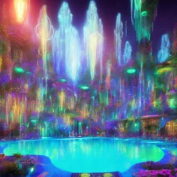 turquoise neon pool water sparkling at night in the dark detailed realistic glowing