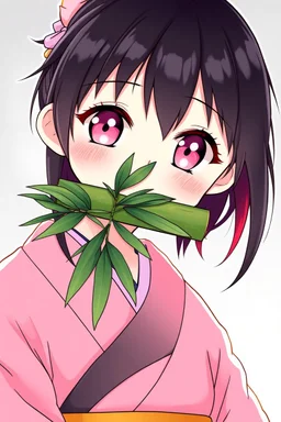 Cute Japanese girl, with pink eyes, dressed in her pink kimono and a black haori, black hair with reddish tips, a piece of bamboo covering her mouth