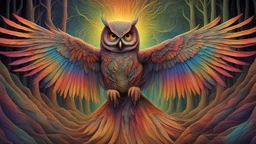 3d rainbow flying owl, mystical, full image, with vivid detailed amazing eyes, brighr fractal colors, hyperdetailed, h.r. giger, egyptian, fantasy, Metaphorical Realism, electric feathered effect Abstract line art, deep cut 3D effect, in an enchanted forest