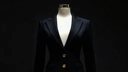 Ghost mannequin effect showing a black womens business office classic jacket evening dress without a human model The blazer tunic for females features golden buttons and is isolated on a