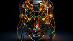 Fire ultra-high quality an android tattooed mask made of cables and of processors and of circuits and of irons and of screws smoked background elemental flames lightning lights luminance colorful futuristic steampunk steampunk cyberpunk style