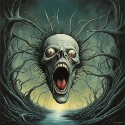 Mein Gehirn zum Kerker wird Ein kleiner Stich hat mich gelähmt, Der Schrei in mir unhörbar schweigt Und doch es wird., by Gerald Scarfe, by Dave McKean, by Dariusz Klimczak, asymmetric surrealism, sharp focus, nightmarish, dreamy colors,