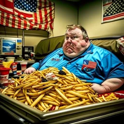 patriotic repulican super fat american eating a giant pile of fries in the emergency care room patient bed HD