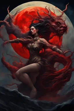 A dramatic digital painting portraying a warrior-girl and horror monster under the Red Moon, veins pulsing, claws of temptation visible, soul in turmoil. In the style of Salvador Dali and Van Gogh , vivid colors, swirling brushstrokes, highly detailed, 8k resolution, surrealistic., juicy emotions, painting, gloomy fantasy, gloomy day, dark world, portrait, oil and graphite, wide strokes, a weaving frame around, by Ryohei Hase, Agnes Cecile, Raymond Swanland, Anne Bachelier