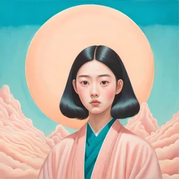wide shot of a hsiao ron cheng style painting of a Korean idol, perfect facial symmetry, looking straight ahead, natural eye looking at the camera, detailed eyes, realistic skin texture, frontal view, instagram celebrity lookalike, idealized beauty. , natural lighting, pastel background, hip hop aesthetic art style, inspired game illustration, instagram moods, defined expressions, spencer tunick landscape fashion lomography, sarah moon, art nouveau inspiration, surreal paradox, psychedelic, visu