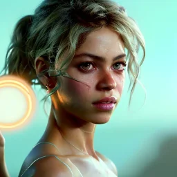 Shakira, artist, Realistic image, waist up portrait. perfect eyes, glow, circle iris. concept art, smooth, unreal engine 5, god lights, ray tracing, RTX, lumen lighting, ultra detail, volumetric lighting, 3d, finely drawn, high definition, 4k.