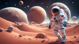 3D cartoon illustration of Astronaut explores space being desert planet. Astronaut space suit performing extra cosmic activity space against stars and planets background. Human space flight. illustration, smooth 3d digital art, exquisite thee-dimensional rendering, 4K, blender, c4d, octane render , disney style 3d light, Zbrush sculpt, concept art, Zbrush high detail, pinterest Creature Zbrush HD sculpt, neutral lighting, 8k detail