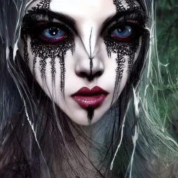 beautiful gothic woman with thick white spiderwebs on face, dark, runny mascara, 8k, high-quality, fine-detail, intricate, sharp, crisp, digital art, detailed matte, illustration, octane render, brian froud, howard lyon, Anne Dittman, Anne Stokes, Lisa Parker, Selina French