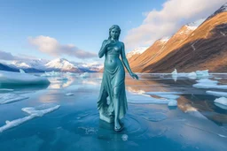 in a frozen sea with pretty mountains a full lady statue in artist pose looking at camera, of transparrent ice that going to melt and water drops fall from all body.