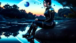 fantasy photo of a woman with black hair, sitting on a ledge over a pond, wearing an android-looking catsuit, sideways, with a planet behind her head