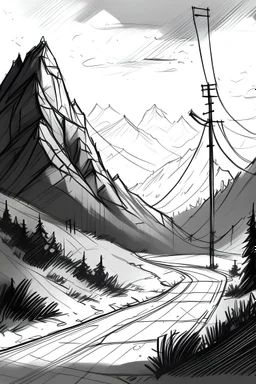 Give me a sketch of a mountain climbing route with signposts and electric light poles on both sides of the road