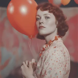A woman with freckles, with a balloon at the circus, 1970s, red, orange, pink