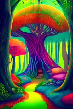 A brightly colored magical forest containing magical animals, exotic plants and trees, with paths and walking paths