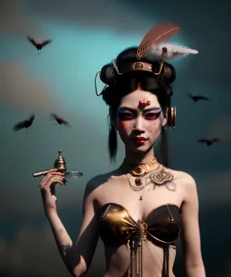 Surreal, steampunk , , cabaret scene. Geisha Asian woman. Birds, Feather, smoking, happy, hot, color fog, people background, highly detailed, concept art, unreal engine 5, god rays, ray tracing, RTX, lumen lighting, ultra detail, volumetric lighting, 3d, finely drawn, high definition, high resolution.