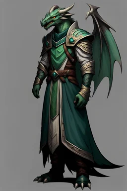 Male Emerald dragonborn draconic cleric robes winged tooth dragon tail