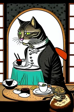 Cat, sitting at a table, eating sushi,perfect iris, ink and pencil, style Tintin