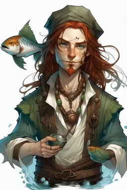 determined wet pirate nereid male with fish scaled skin, freckles and seaweed in long auburn hair