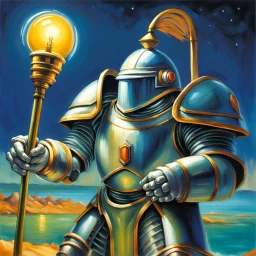 fantasy 90's tcg art of a sci fi paladin witha dome helmet and knight armor with big pauldrons holding a light staff oil