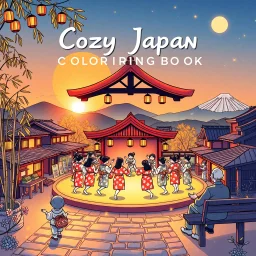 Design a book cover for "Cozy Japan Coloring Book" centered on an intimate Bon Odori celebration at dusk. A circle of yukata-clad dancers moves rhythmically around a raised yagura stage, softly illuminated by hanging lanterns and the golden glow of the setting sun. Behind them, silhouettes of traditional Japanese rooftops, gently swaying bamboo, and distant mountains add depth and serenity. Children chase fireflies along stone paths while elders watch fondly from benches. Illustration, soft wate